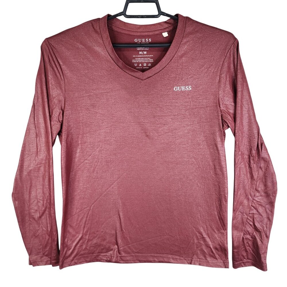 Mens Burgundy Guess Shirt Long Sleeve V-Neck Polyester Size M